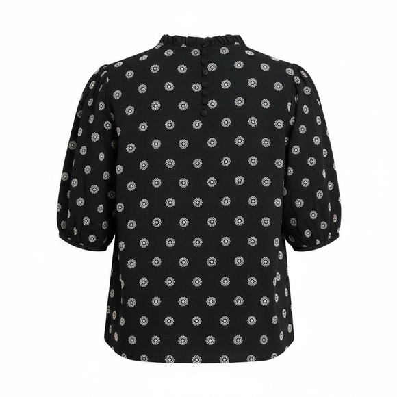 Loft Black and White Embroidered Eyelet Puff Sleeve High Neck Boho Top Size L - Picture 3 of 10